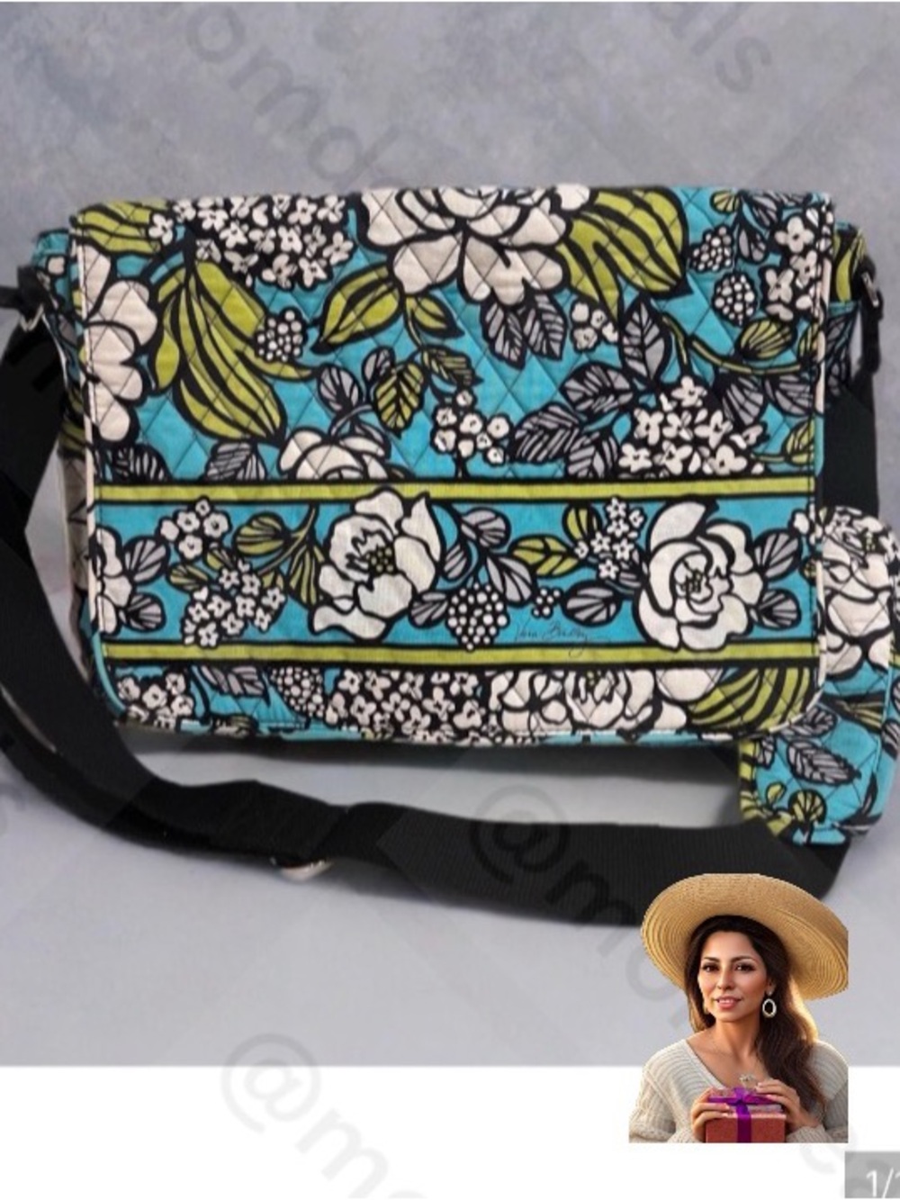 Vera Bradley Messenger Island Blooms Large Messenger Bag Teal White Flowers NEW